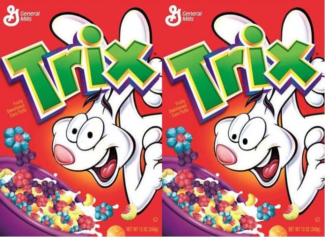 Packaging of the Trix cereals used in the Cornell University experiment. Version A on the left and Version B on the right.