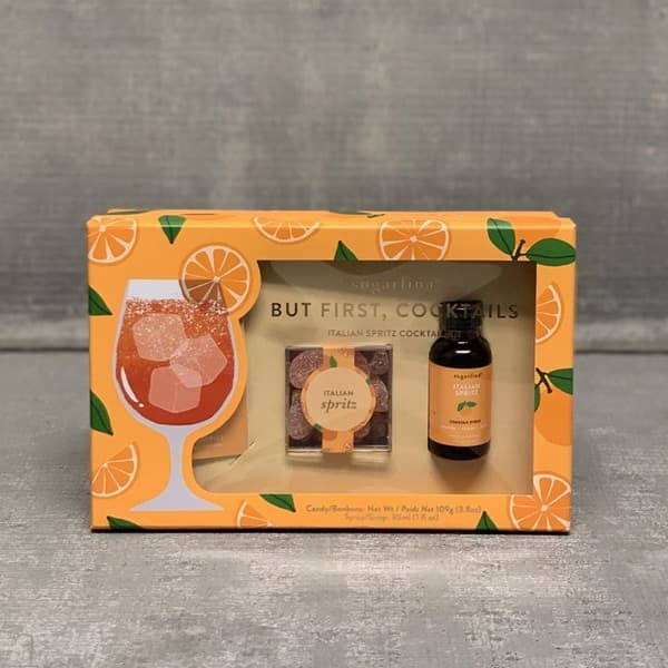 Italian Spritz cocktail components within packaging with window