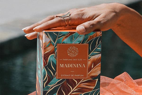The warm-colored box containing Parfums des Iles perfumes.
