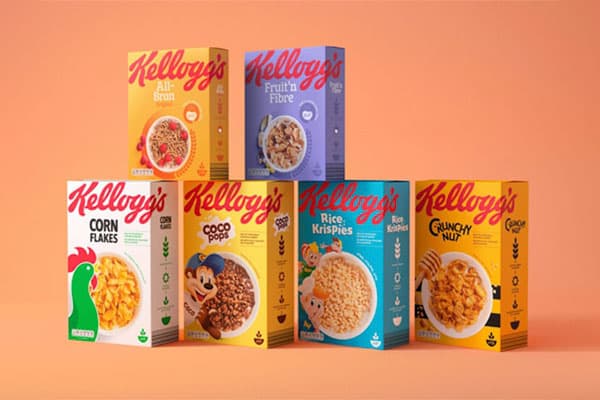 Boxes in different colours of Kellogg's cereals