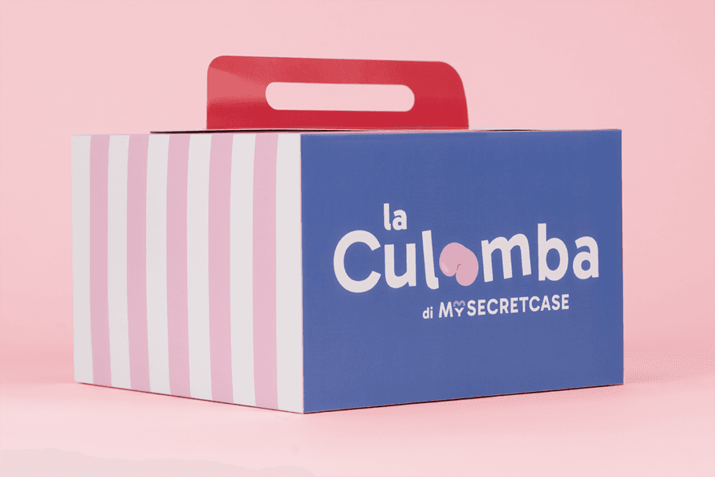 Cardboard box for Easter colomba with handle, featuring pastel colours on a white background